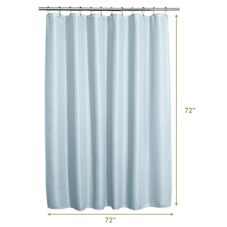 Light blue shower curtain with dimensions on a white background