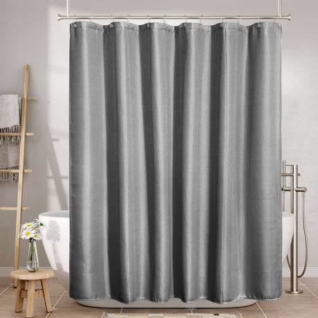 Waffle Gray shower curtain in a bathroom setting with bathtub and towel rack.