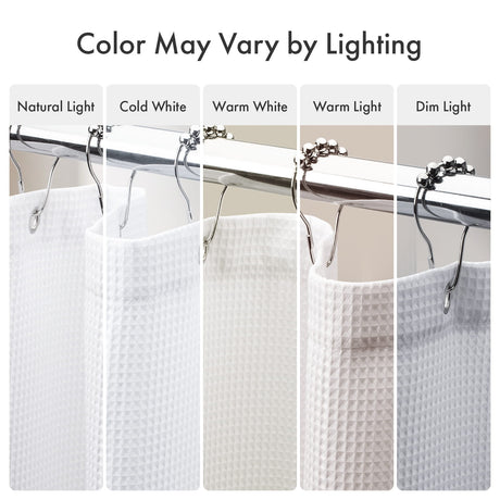 White waffle-textured towel on a rack with color variation labels under different lighting conditions.