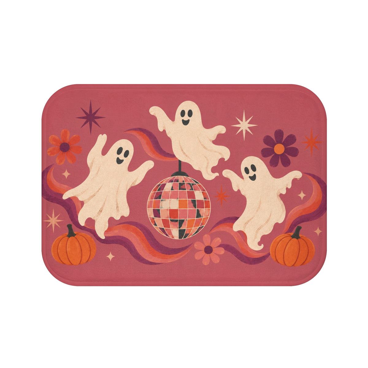 Groovy Ghost Halloween Bath Mat – Disco Ball & Pumpkins