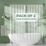 Pack of 2 clear shower liners with a green background and bathtub.