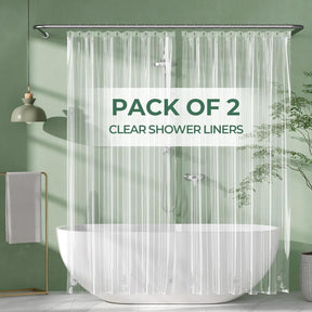 Pack of 2 clear shower liners with a green background and bathtub.