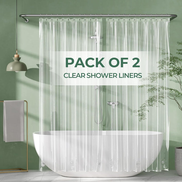 Pack of 2 clear shower liners with a green background and bathtub.
