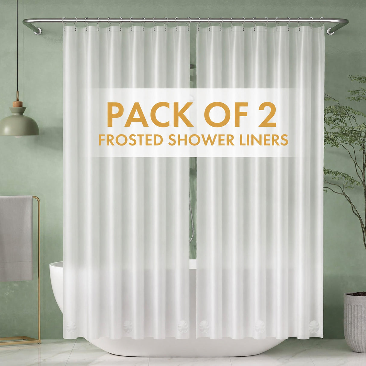 Pack of 2 clear shower liners with text overlay in a bathroom setting.