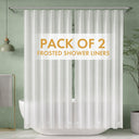 Pack of 2 clear shower liners with text overlay in a bathroom setting.