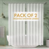 Pack of 2 clear shower liners with text overlay in a bathroom setting.