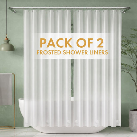 Pack of 2 clear shower liners with text overlay in a bathroom setting.