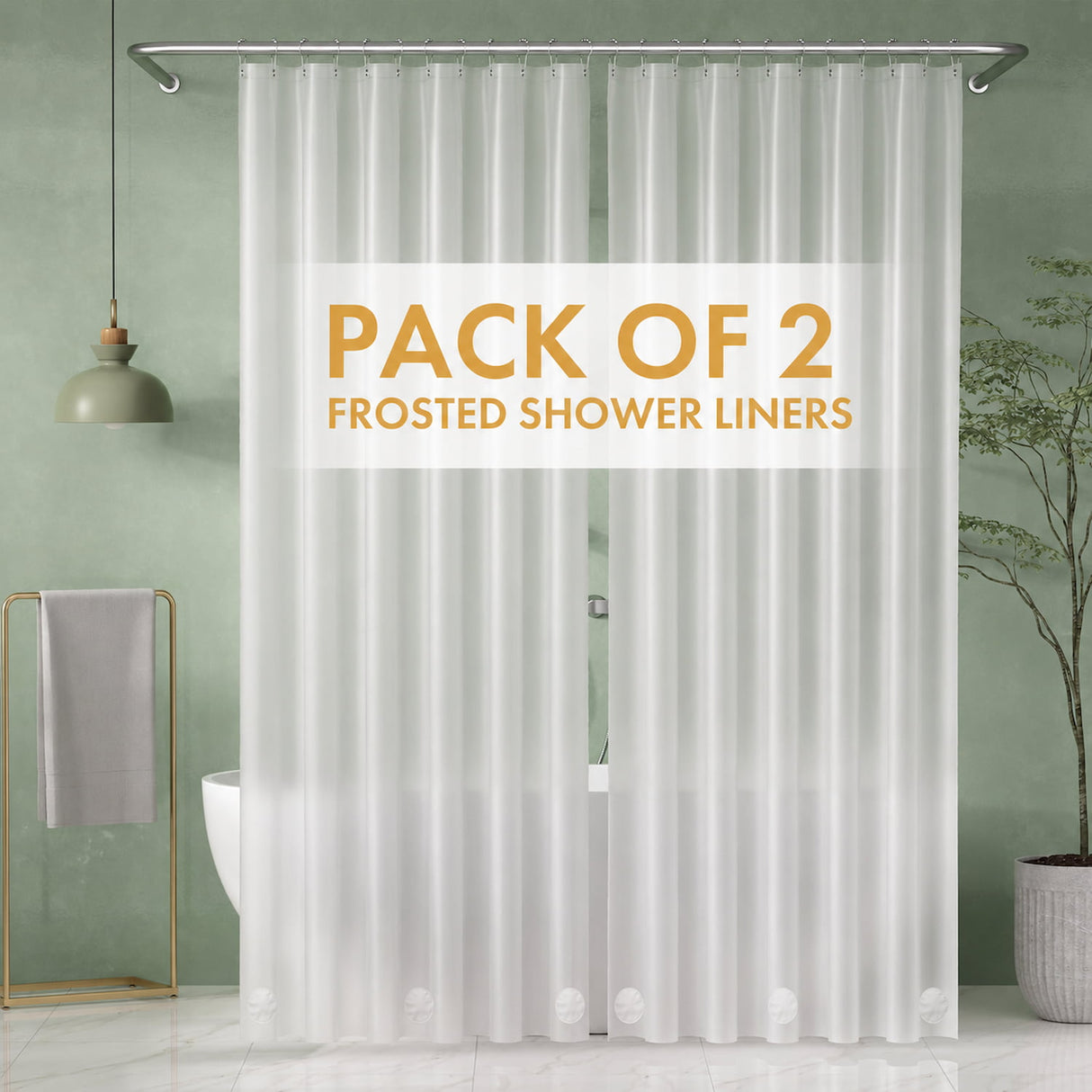 Pack of 2 frosted shower liner with text overlay in a bathroom setting.