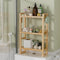 Wooden shelf with various items in a bathroom setting