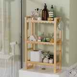 Wooden shelf with various items in a bathroom setting