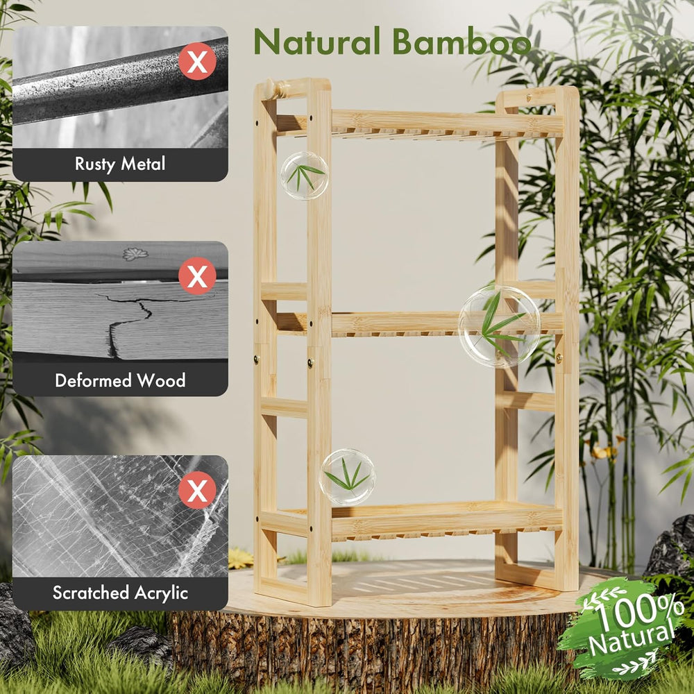 Wooden rack with natural bamboo design, surrounded by greenery.