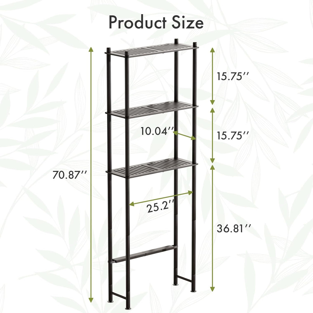 Bamboo shelving unit with dimensions on a white background