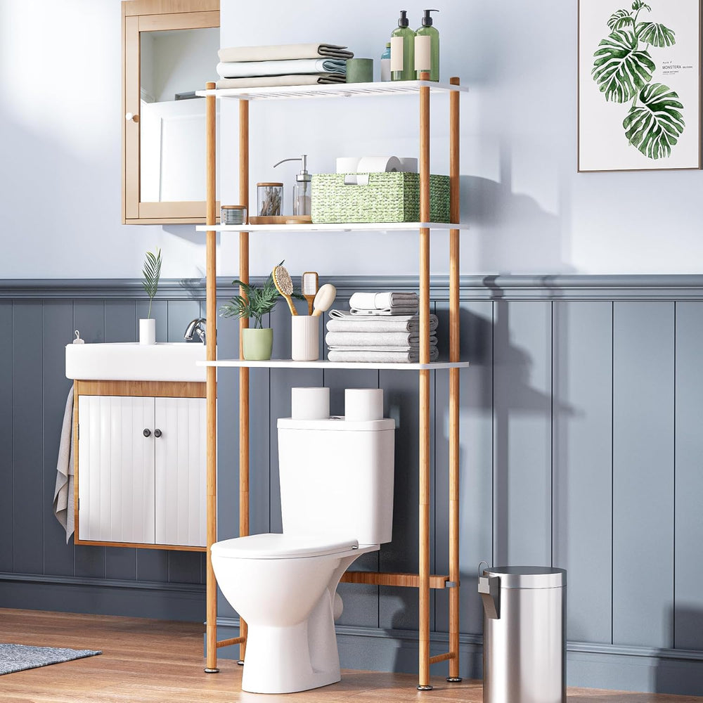 Bathroom with a wooden shelf above a toilet, featuring various toiletries and decor.