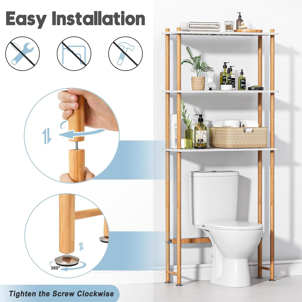Bathroom shelf with over-the-toilet design, featuring easy installation instructions.