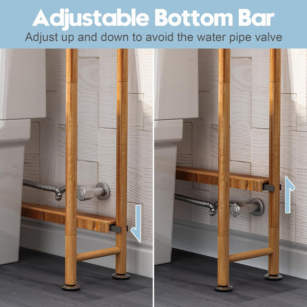 Adjustable shower bar with wooden design in a bathroom setting