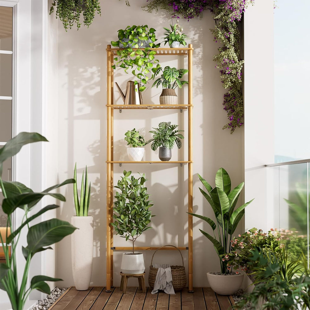 Bamboo shelf with various potted plants against a white wall.