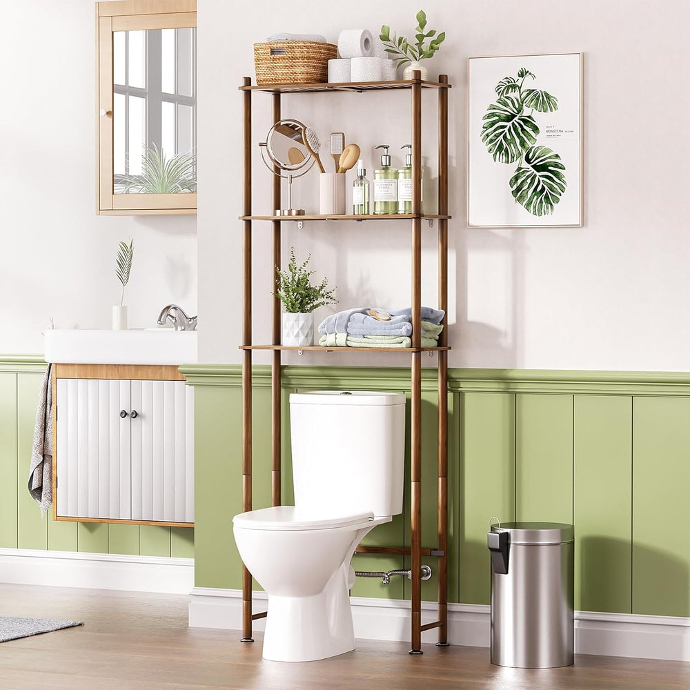Bathroom with a bamboo over-the-toilet shelf, plant, and decorative items.
