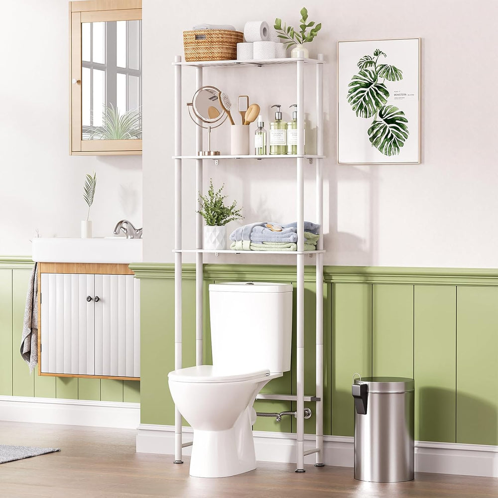Bathroom with a white shelving unit over a toilet, green paneling, and a sink.