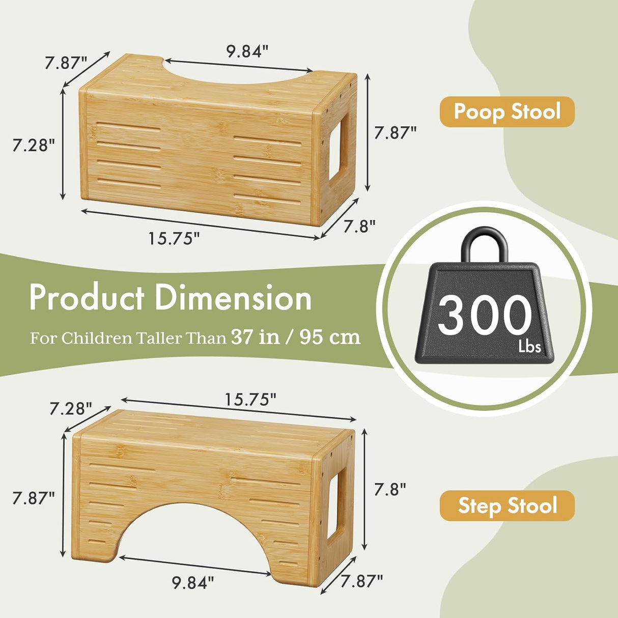 Wooden stool with dimensions and weight capacity information on a white background