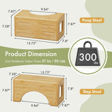 Wooden stool with dimensions and weight capacity information on a white background