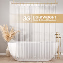 Shower curtain with '3G Lightweight Stain & Mold Resistant' text in a bathroom setting.