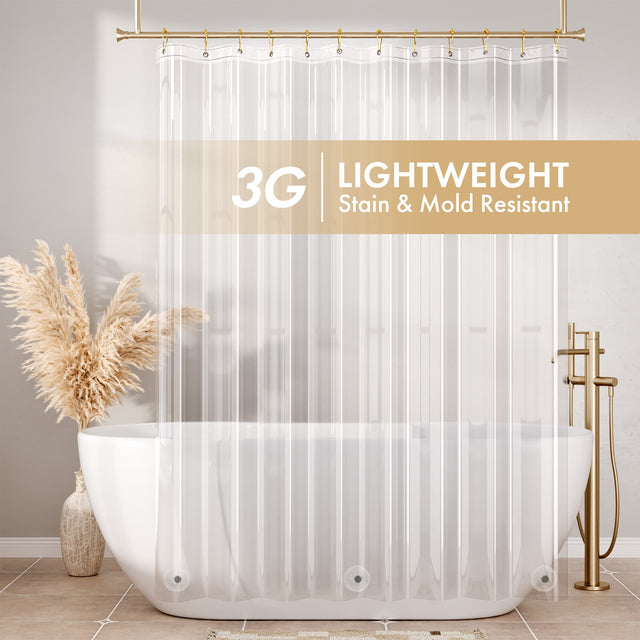 Shower curtain with '3G Lightweight Stain & Mold Resistant' text in a bathroom setting.