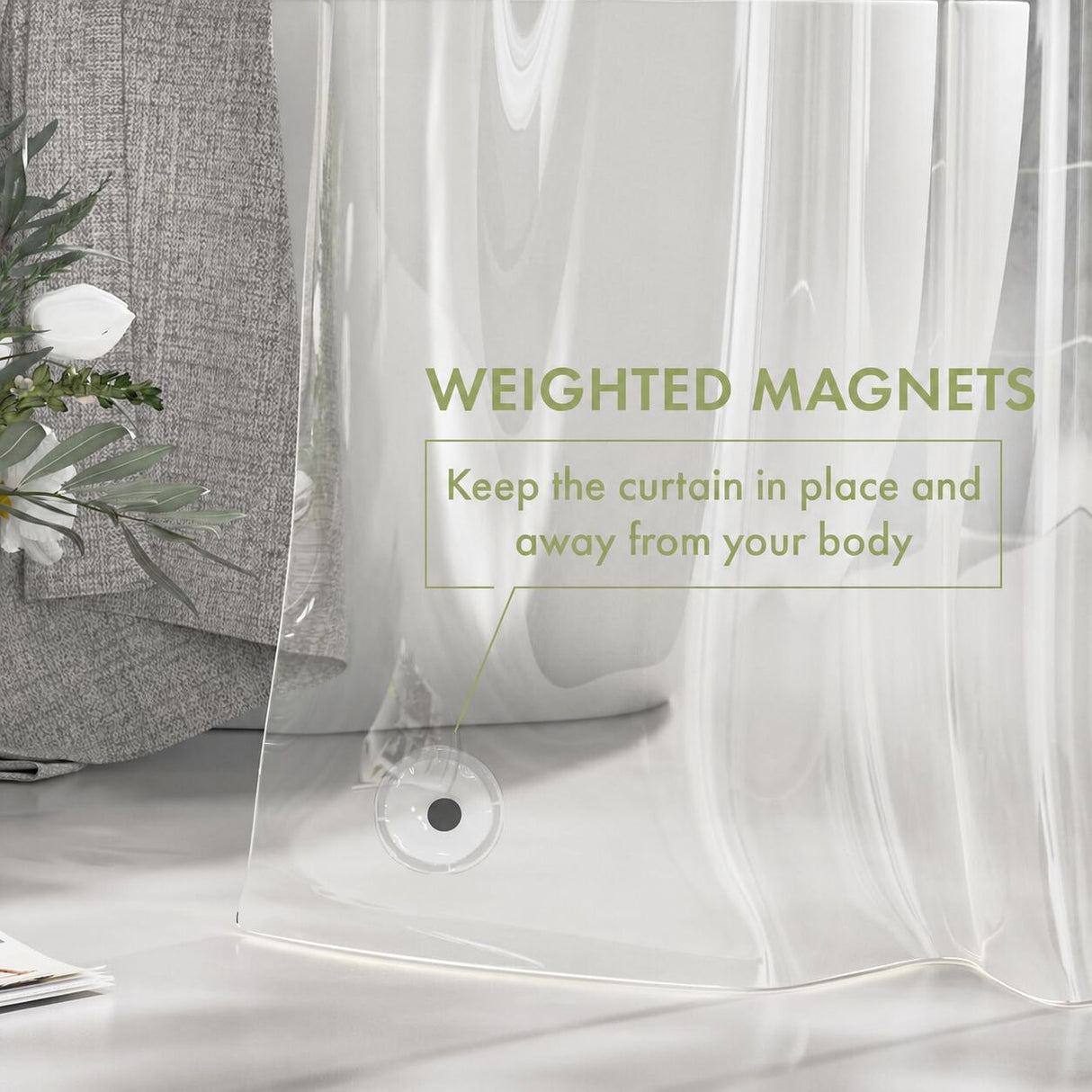 Weighted bottom system on the Lightweight PEVA Shower Curtain Liner that helps keep it in place.