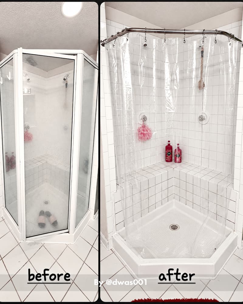 AmazerBath clear lightweight 3G PEVA shower curtain liner enclosing a white tiled corner shower in a before-and-after view.