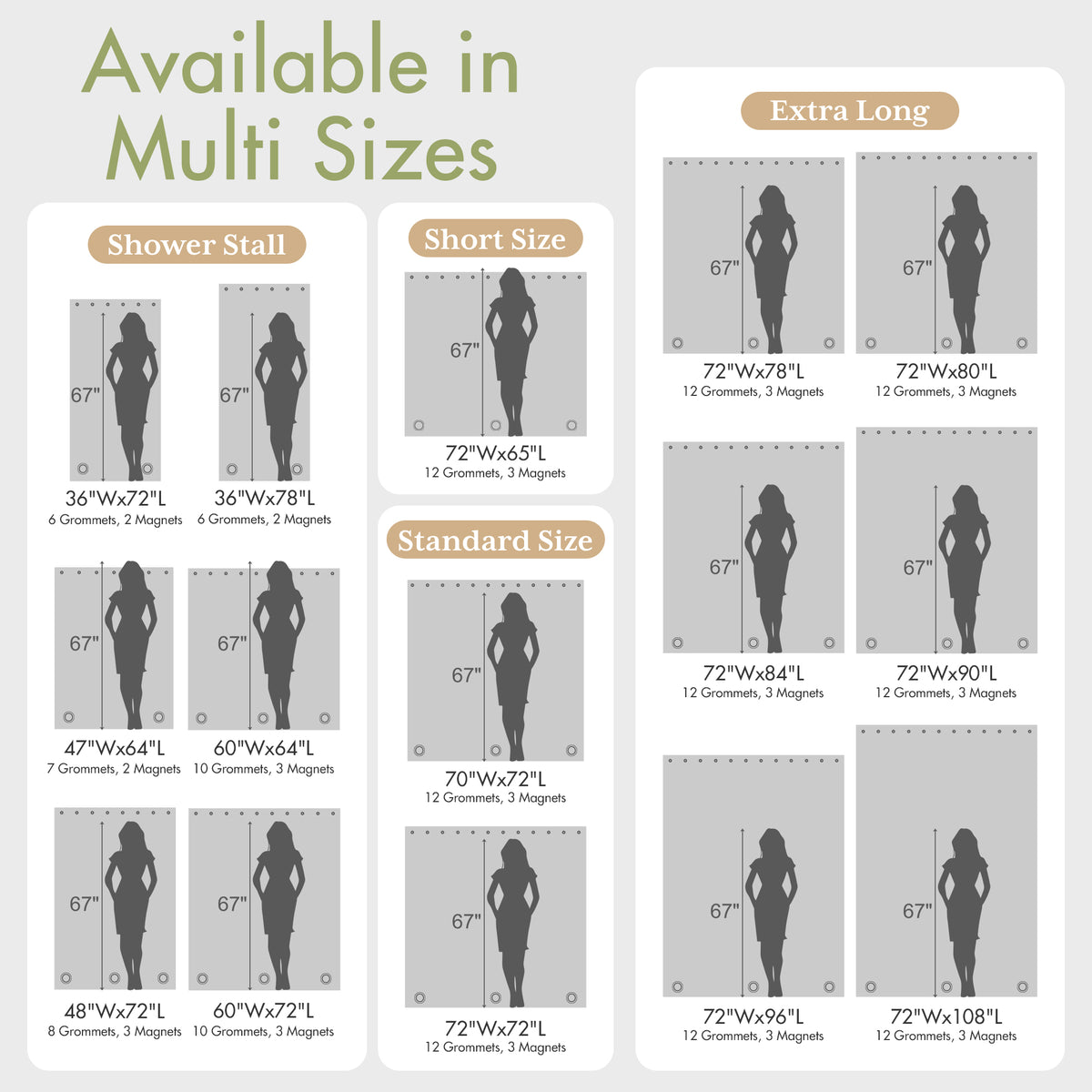AmazerBath 3G lightweight PEVA shower curtain liner size chart showing stall, short, standard, extra-long, and extra-wide options.