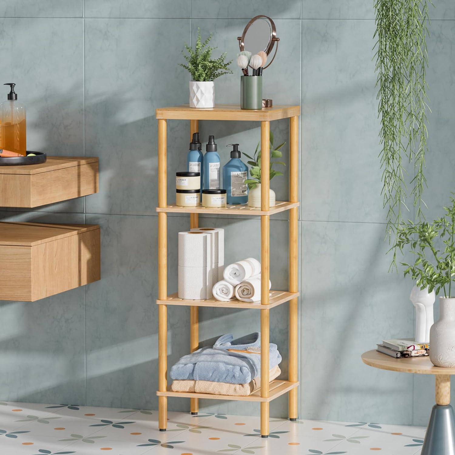 AmazerBath Bamboo Storage Standing Shelf, Natural Color