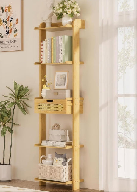 Wooden shelf with books, a plant, and decorative items against a light wall.