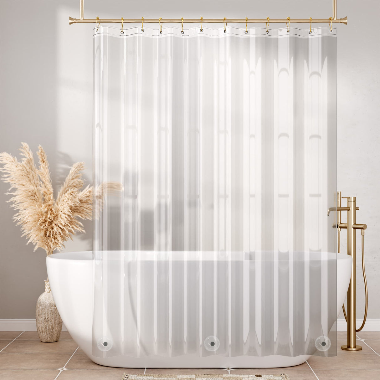 Clear shower curtain with white stripes in a bathroom setting with a freestanding bathtub and decorative elements.