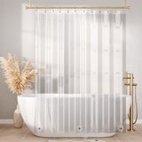 Clear shower curtain with white stripes in a bathroom setting with a freestanding bathtub and decorative elements.