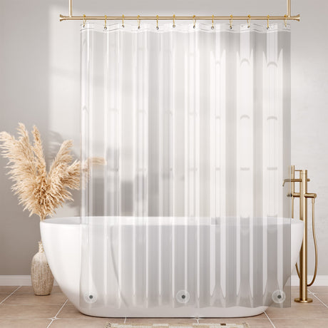 Clear shower curtain with white stripes in a bathroom setting with a freestanding bathtub and decorative elements.