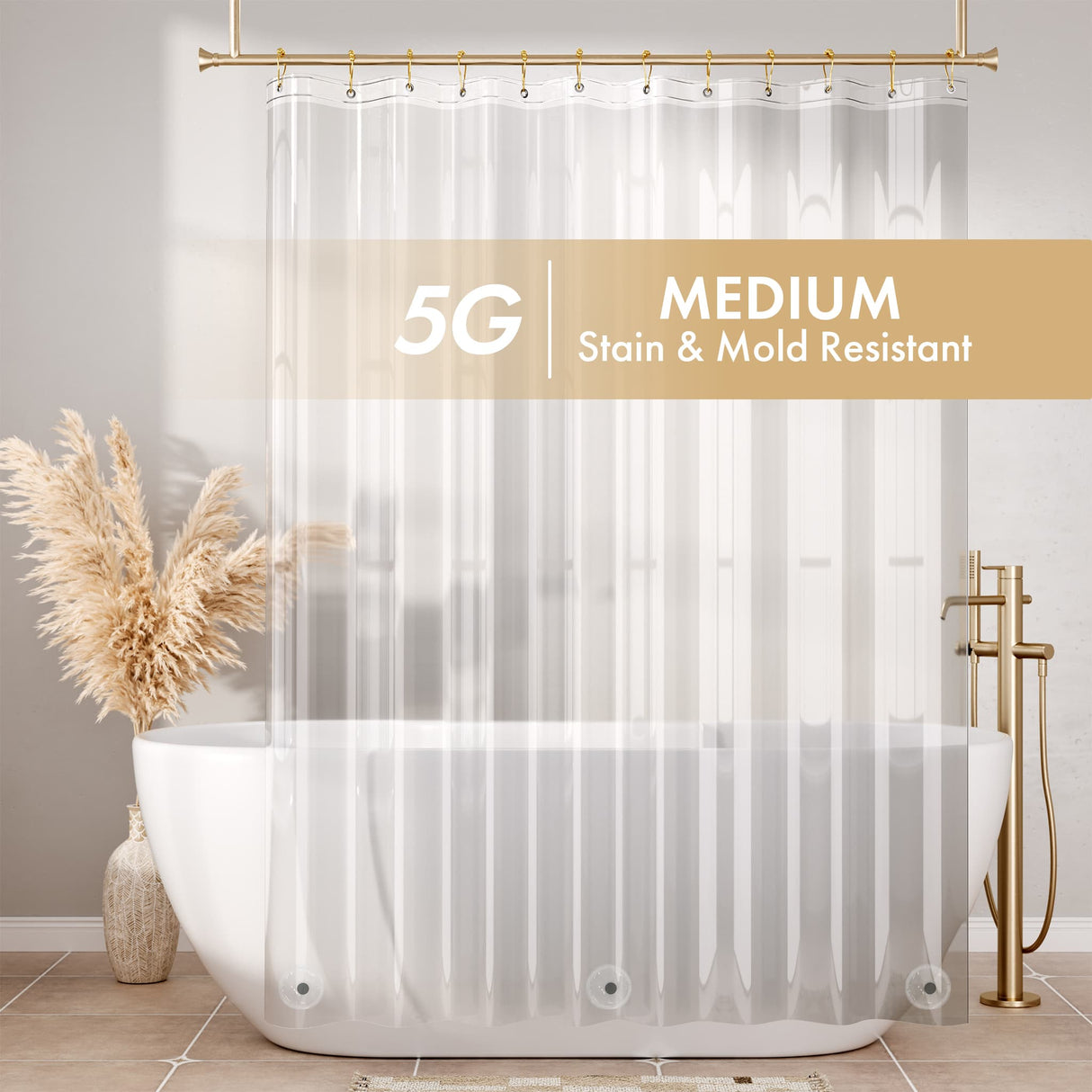 Clear shower curtain with '5G' and 'Medium Stain & Mold Resistant' text in a bathroom setting.