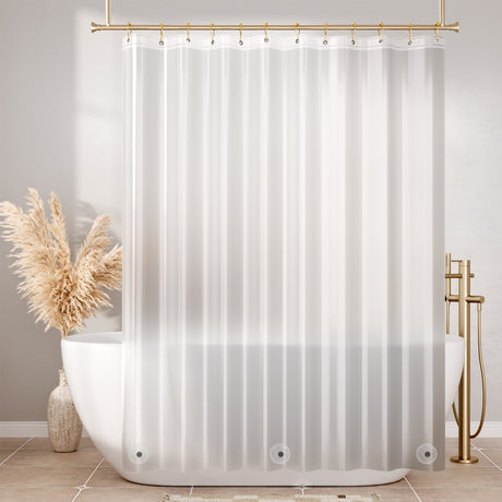 White shower curtain in a bathroom with a bathtub and decorative elements.