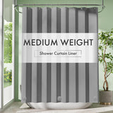 Gray striped shower curtain liner with 'Medium Weight' text in a bathroom setting.