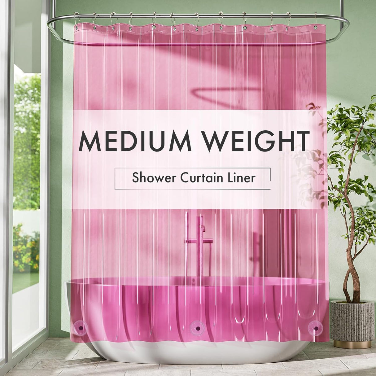 Pink shower curtain liner with 'Medium Weight' text in a bathroom setting