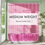 Pink shower curtain liner with 'Medium Weight' text in a bathroom setting