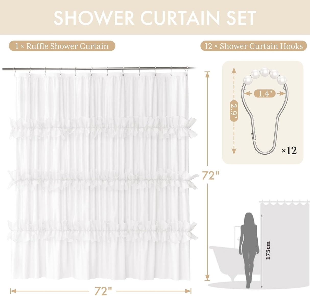 AmazerBath Boho Ruffle Shower Curtain with Pearl Curtain Rings