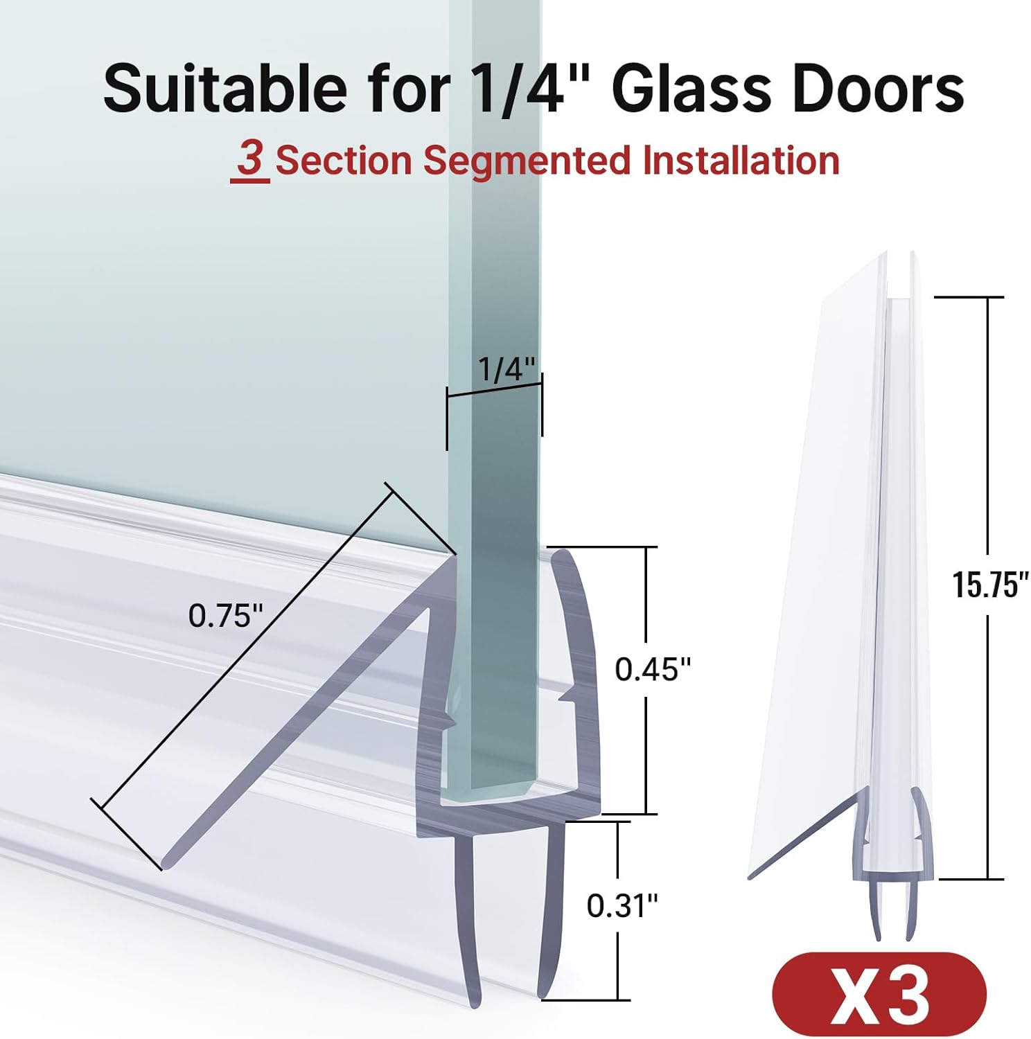 AmazerBath Shower Door Bottom Seals, 3 Section Segmented