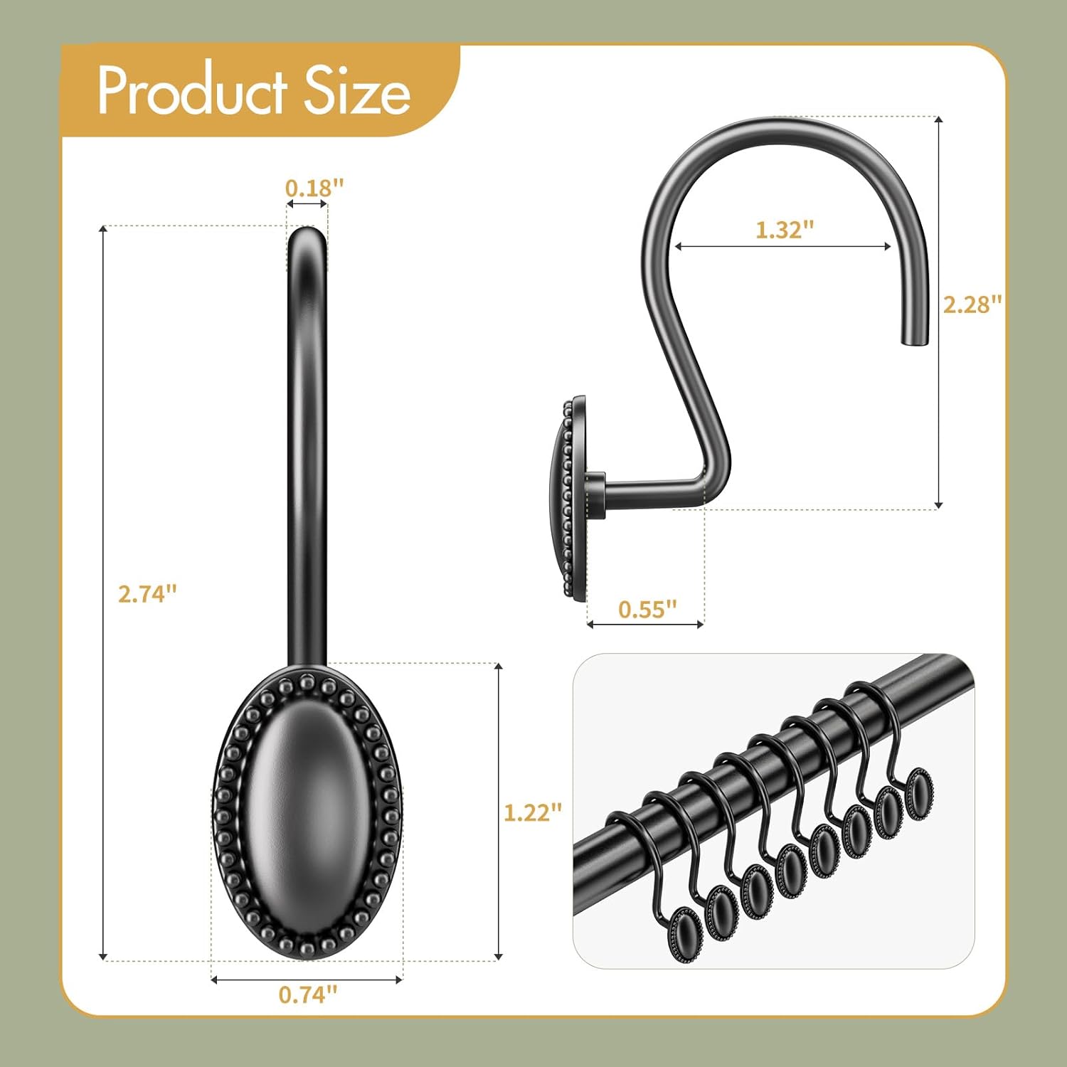 AmazerBath Classic Oval Design Shower Curtain Hooks, Set of 12