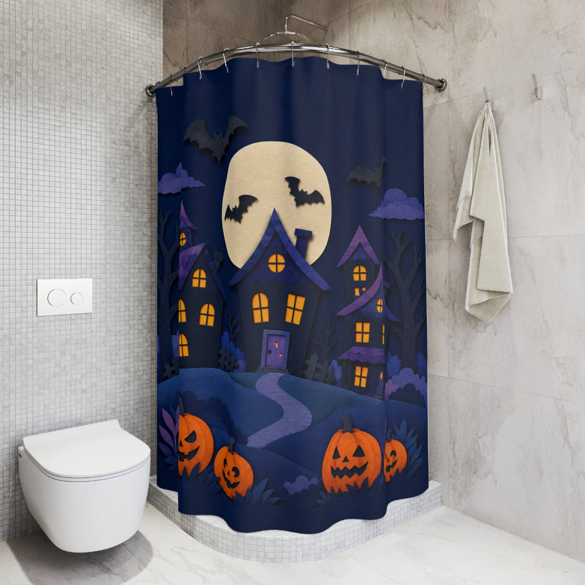Moonlit Haunted Village Halloween Shower Curtain