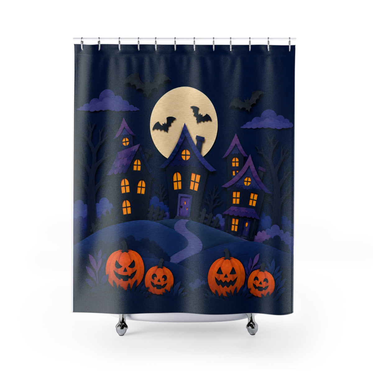 Moonlit Haunted Village Halloween Shower Curtain