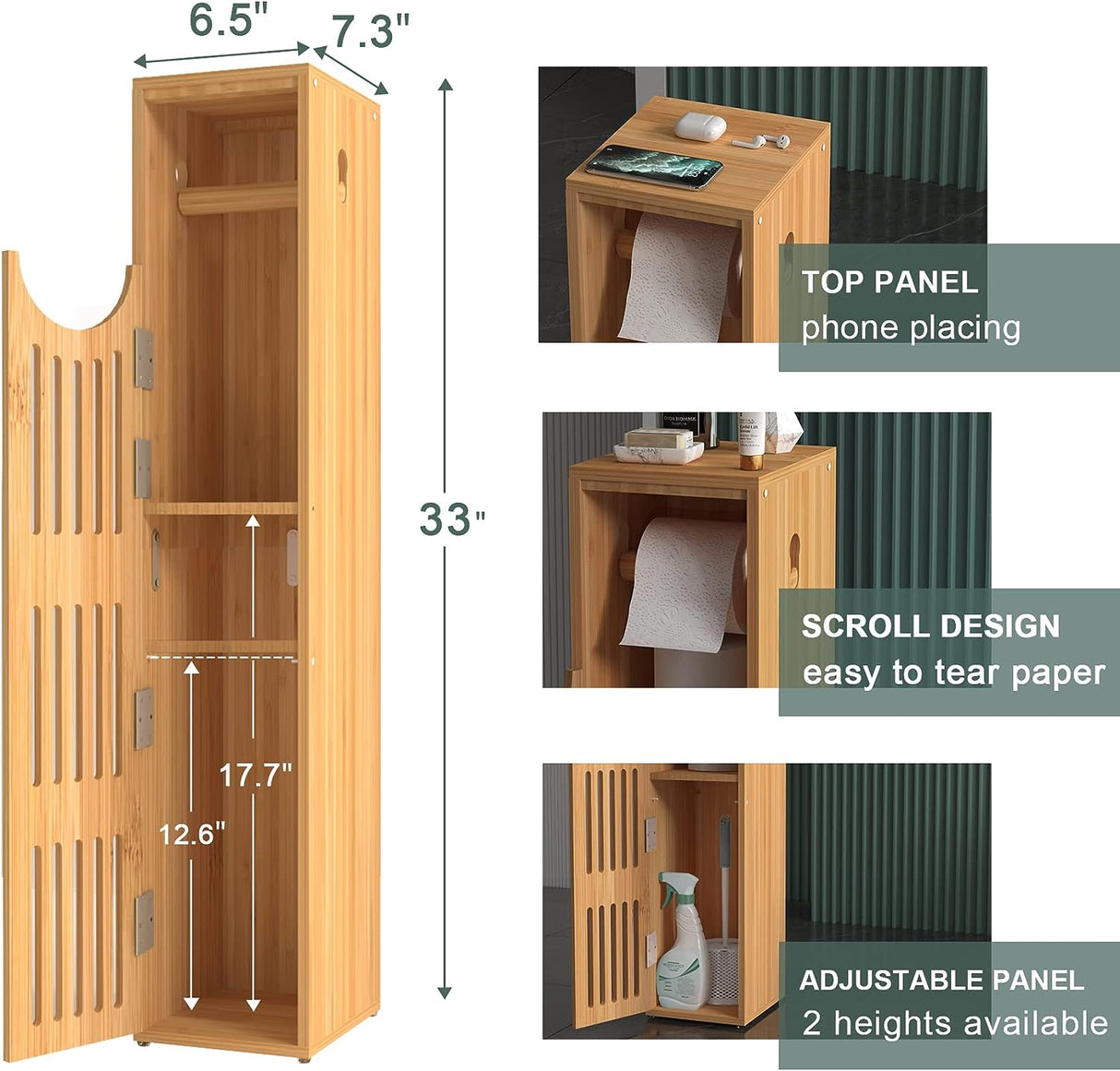 AmazerBath Bamboo Toilet Paper Storage Cabinet, Crevice Storage Cabinet, Scroll Design