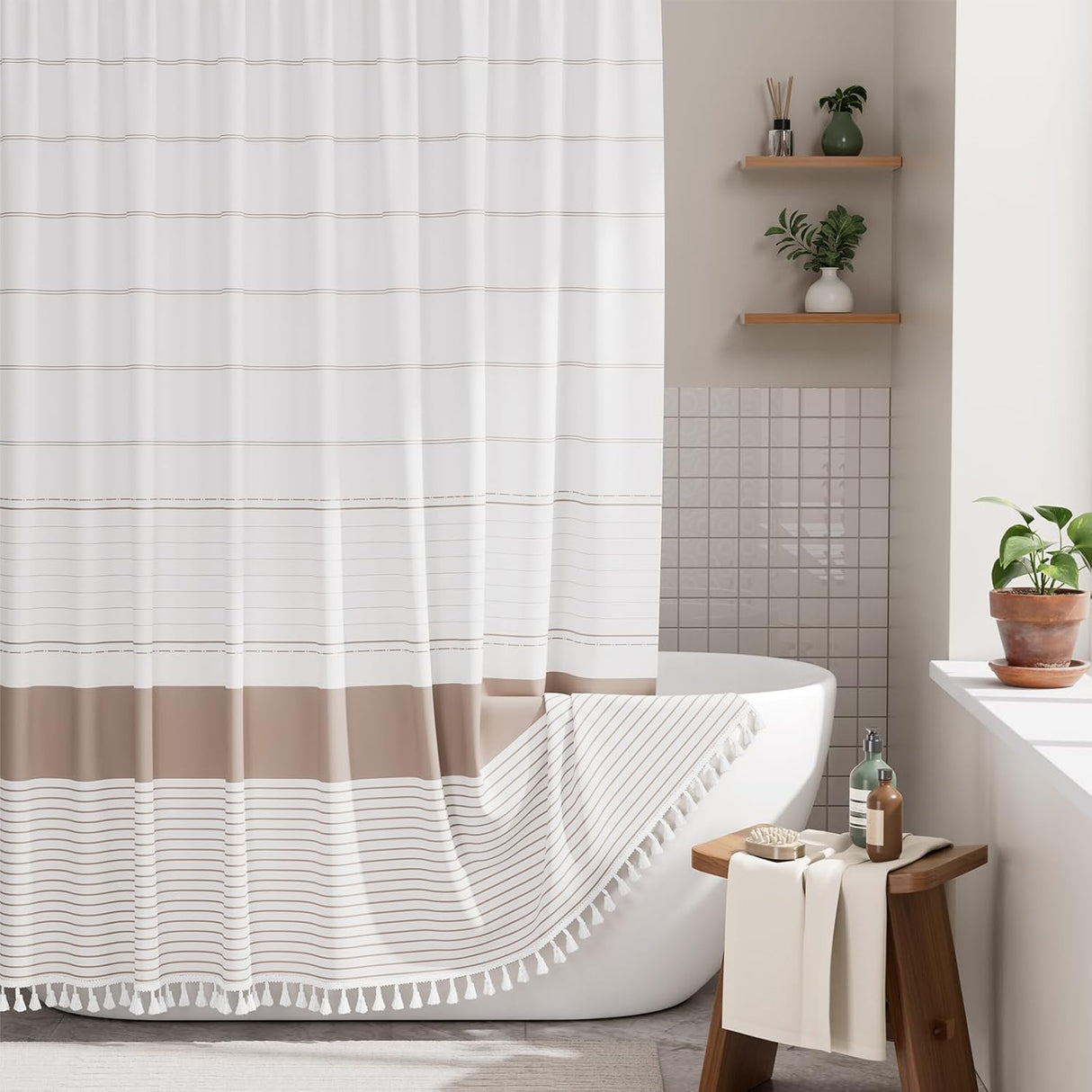 AmazerBath Farmhouse Shower Curtain with Tassel, Boho