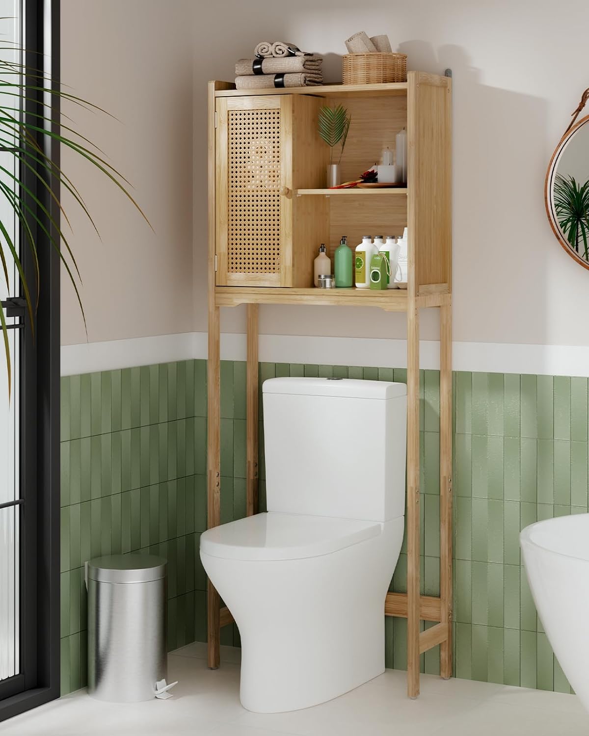 AmazerBath Bamboo Over The Toilet Storage Cabinet with Rattan Door, Natural Color