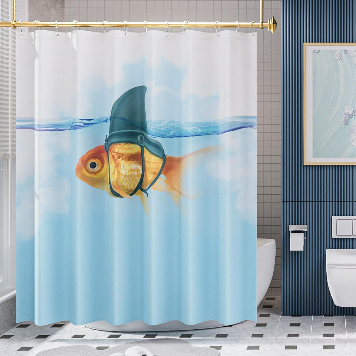 AmazerBath Funny “Shark” Fish Shower Curtain with 12 Curtain Rings