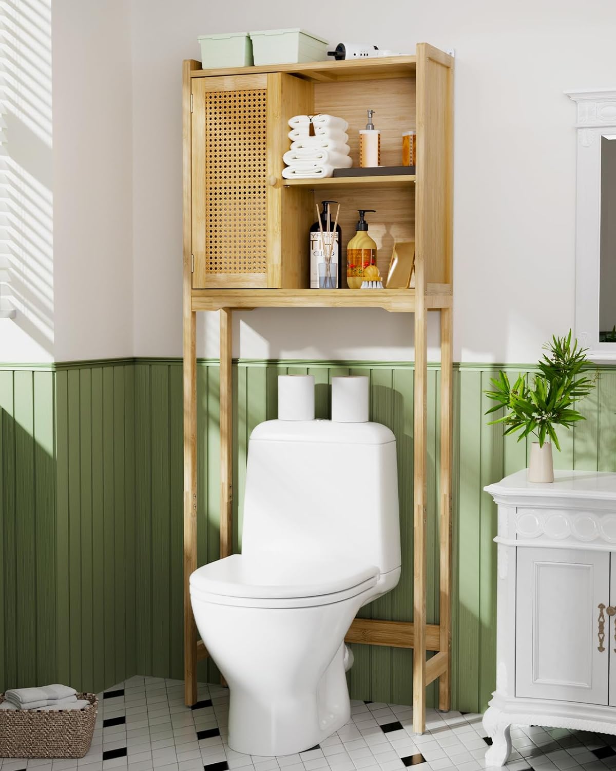 AmazerBath Bamboo Over The Toilet Storage Cabinet with Rattan Door, Natural Color