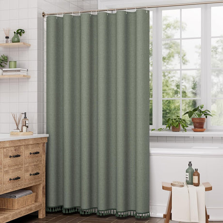 Farmhouse Faux Linen Shower Curtain with Tassels